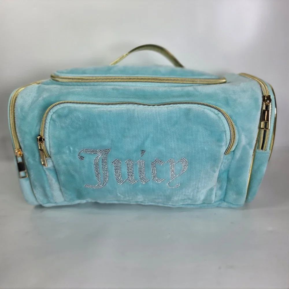 Juicy Couture Velour Cosmetic Bag Turquoise Blue Rhinestone XL Train Case Travel